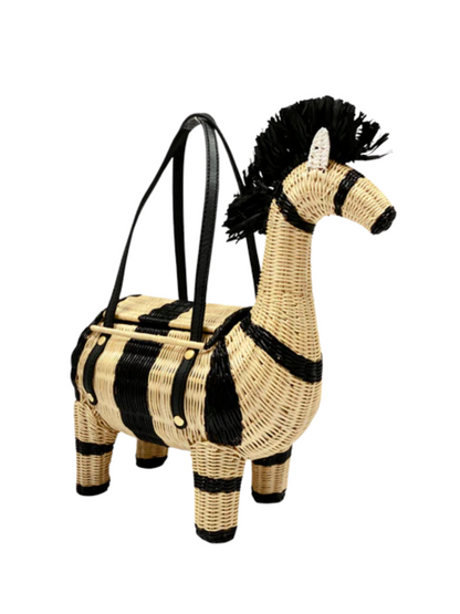 Woven zebra-shaped handbag with black stripes
