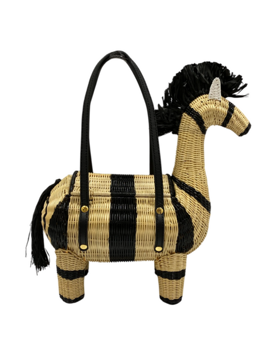 Woven zebra-shaped handbag with black stripes