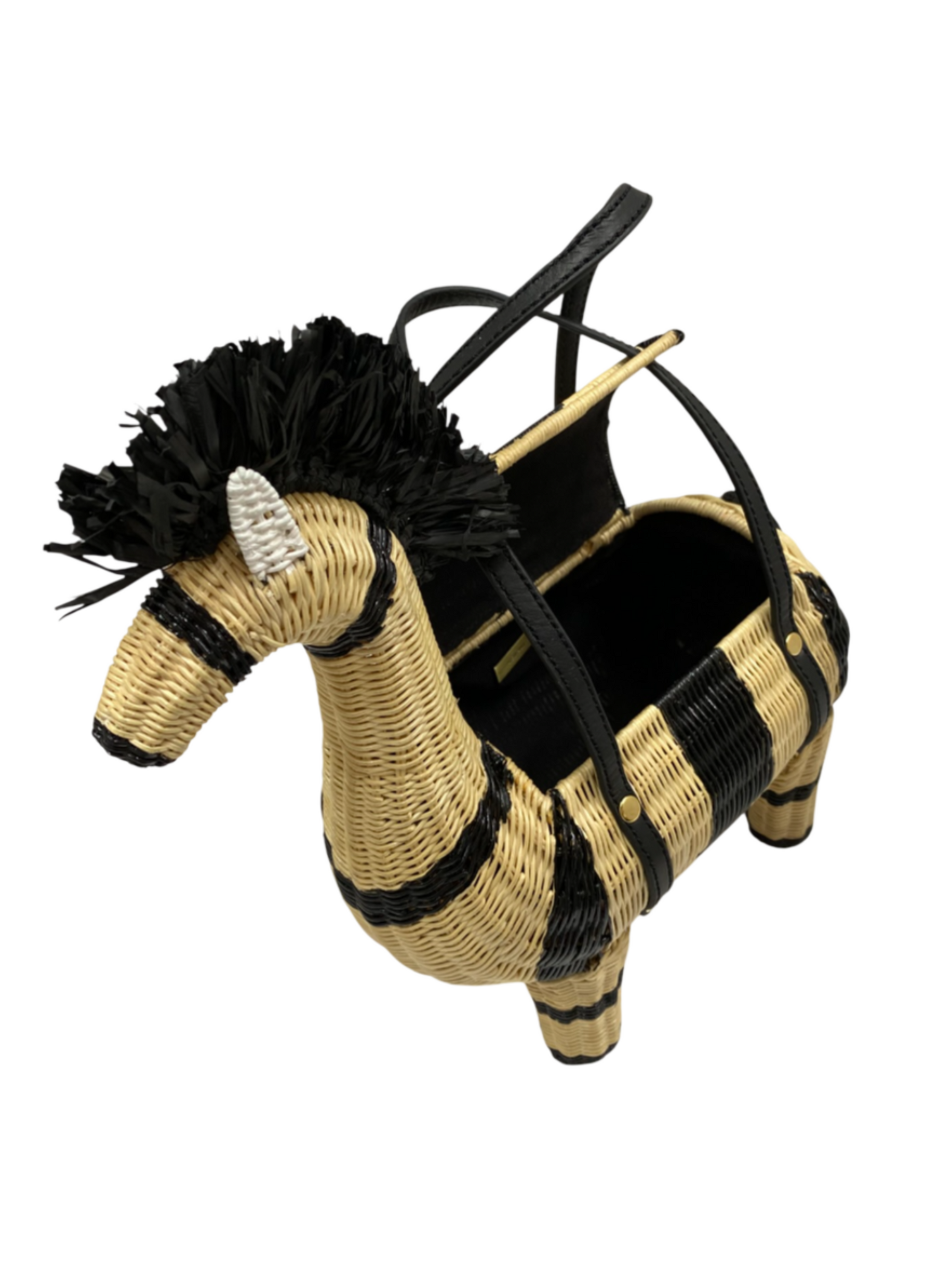 Woven zebra-shaped handbag with black stripes