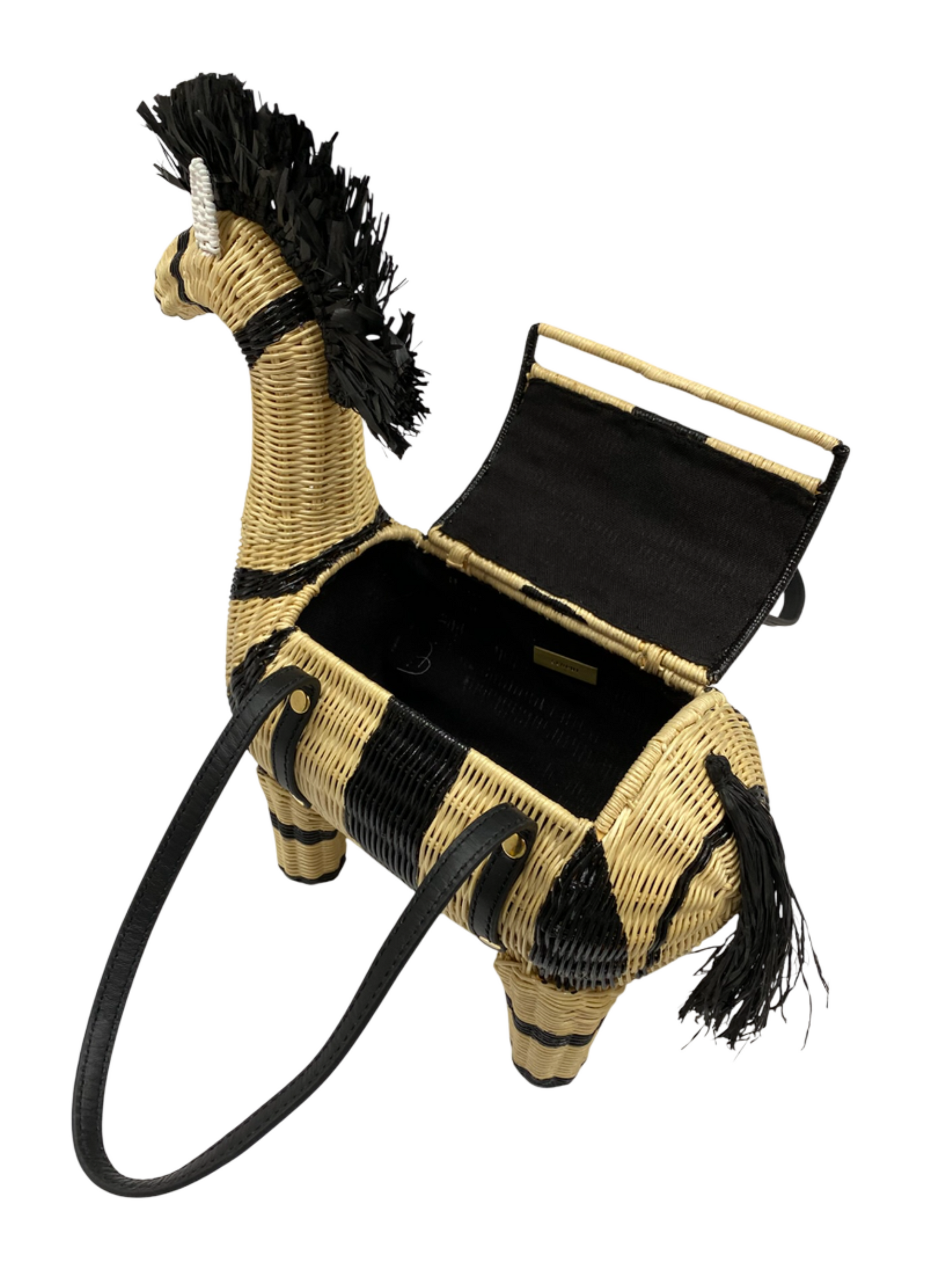 Woven zebra-shaped handbag with black stripes