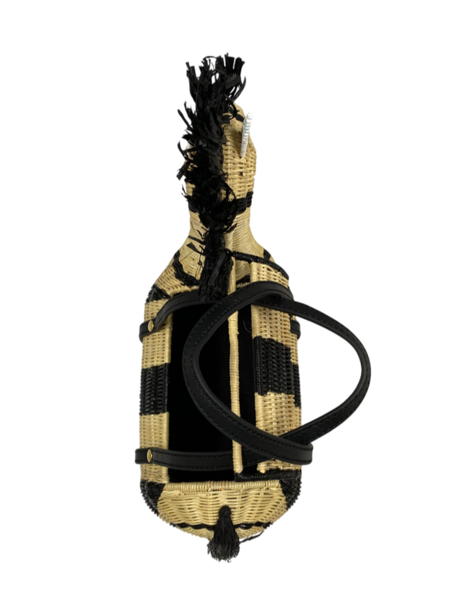 Woven zebra-shaped handbag with black stripes