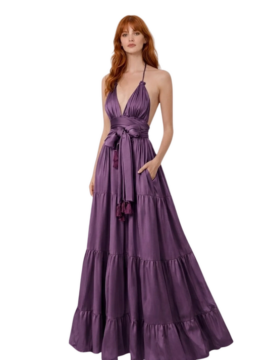 purple maxi dress satin finished