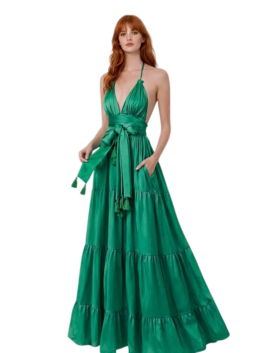 green halter maxi dress satin finished