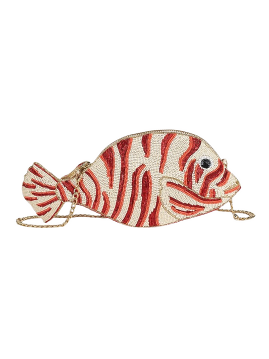 Fish-shaped handbag with red and beige pattern