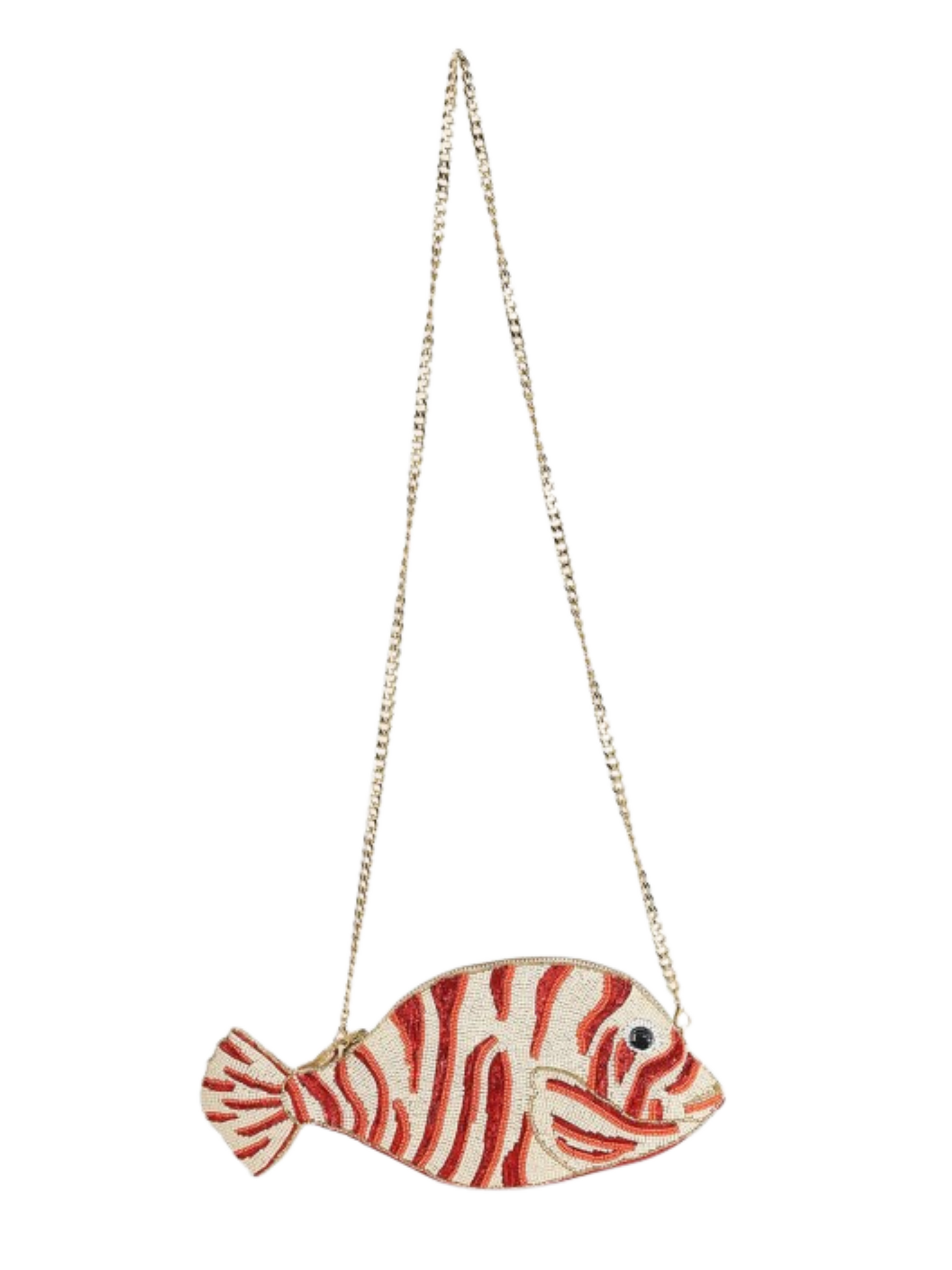 Fish-shaped handbag with red and beige pattern