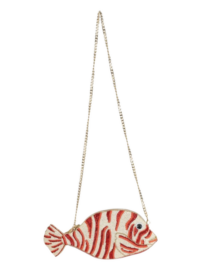 Fish-shaped handbag with red and beige pattern