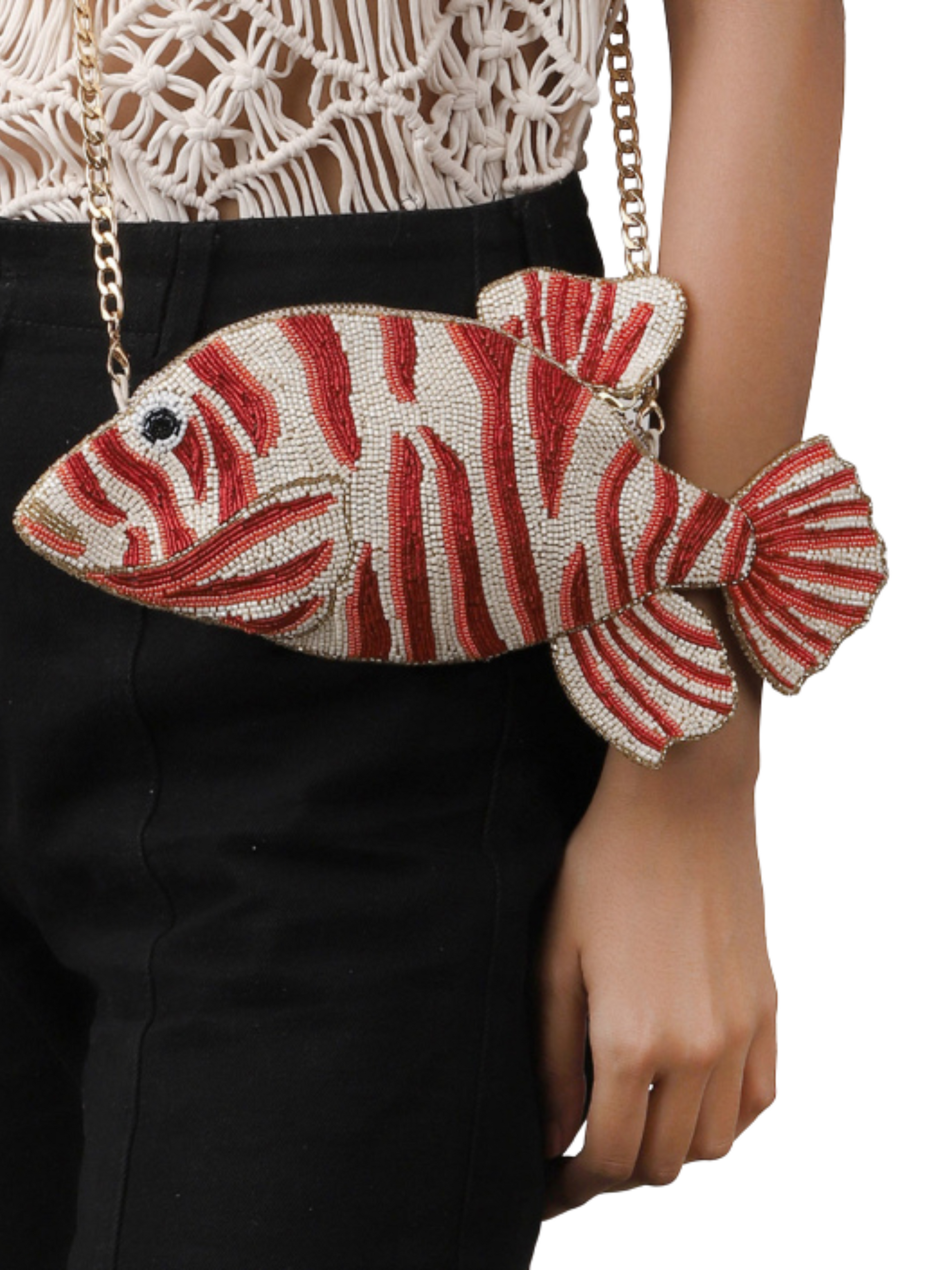 Fish-shaped handbag with red and beige pattern