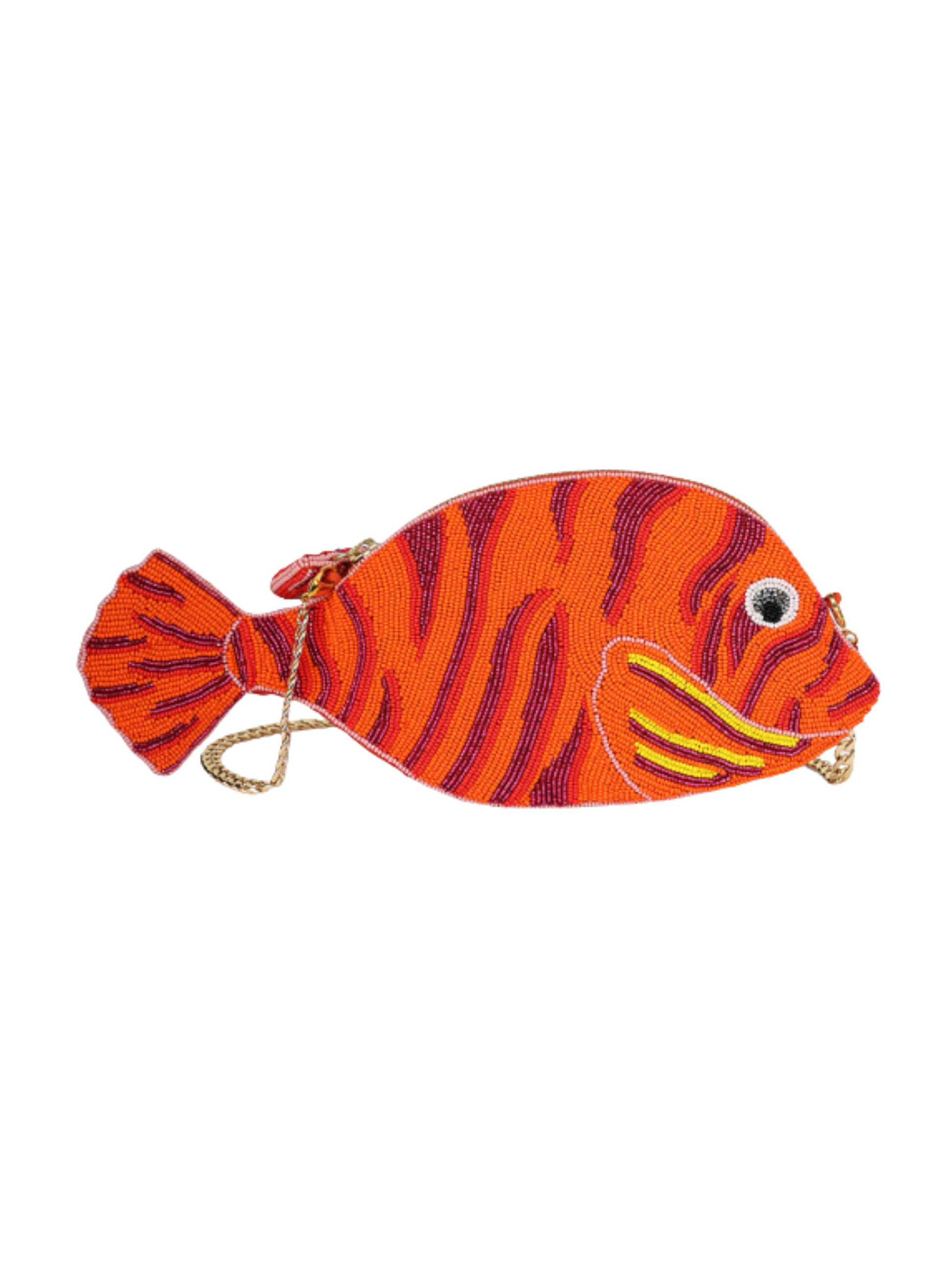 Fish-shaped pouch with orange and purple stripes