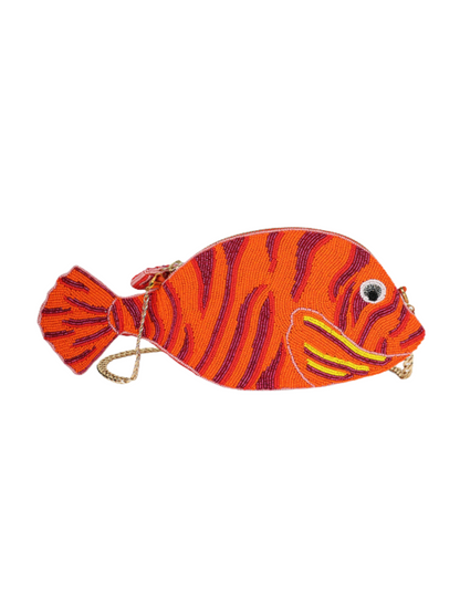 Fish-shaped pouch with orange and purple stripes