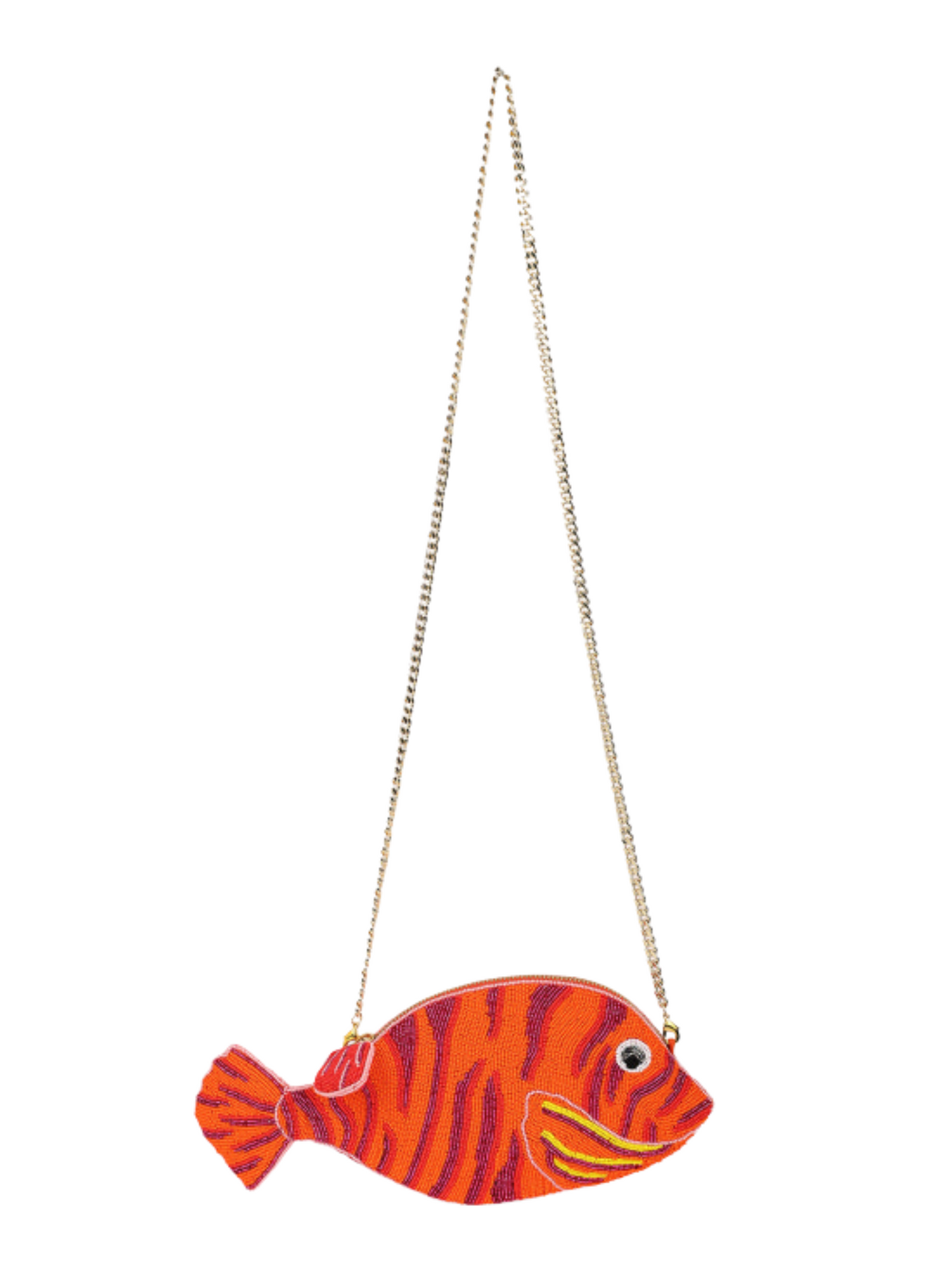 Fish-shaped pouch with orange and purple stripes