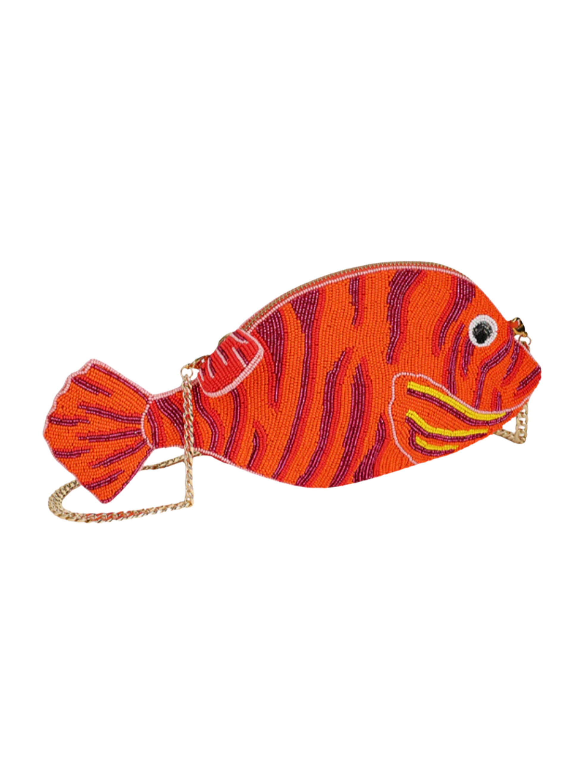 Fish-shaped pouch with orange and purple stripes