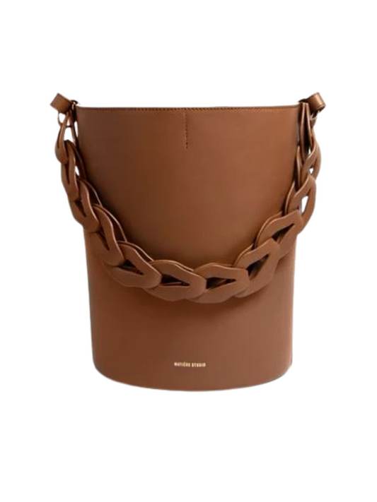 Brown leather bucket bag with braided handle