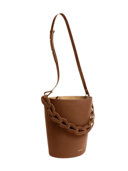 Brown leather bucket bag with braided handle