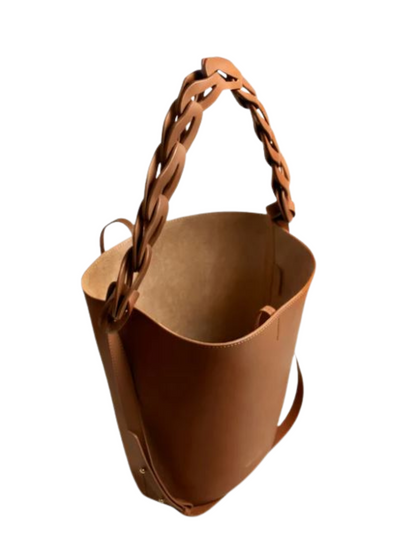 Brown leather bucket bag with braided handle