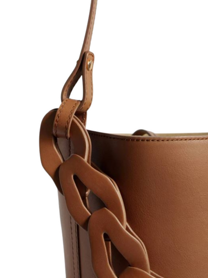 Brown leather bucket bag with braided handle