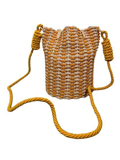 Handwoven iraca bucket bag with sculptural shape and vibrant weave. 