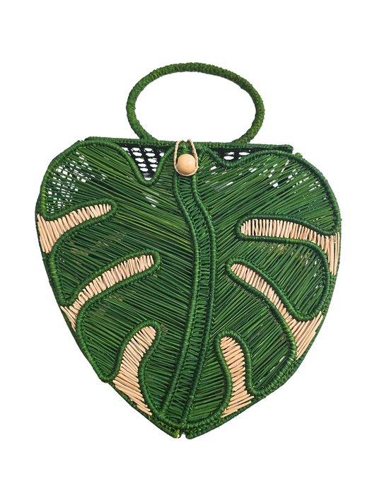 green woven handbag designed to look like a monstera leaf