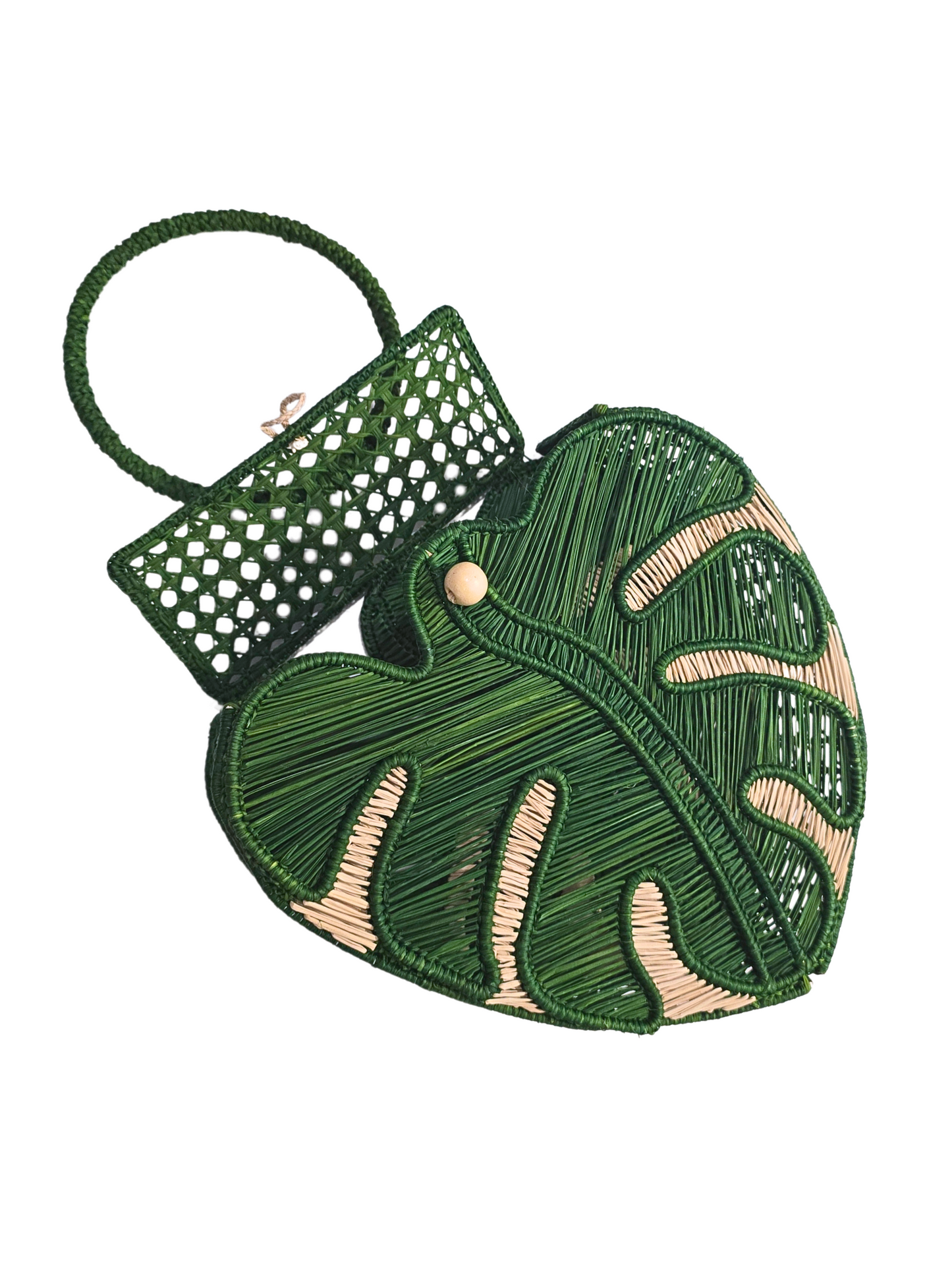 green woven handbag designed to look like a monstera leaf