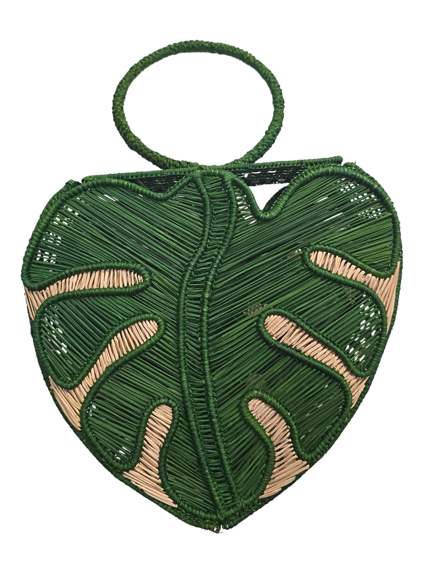 green woven handbag designed to look like a monstera leaf