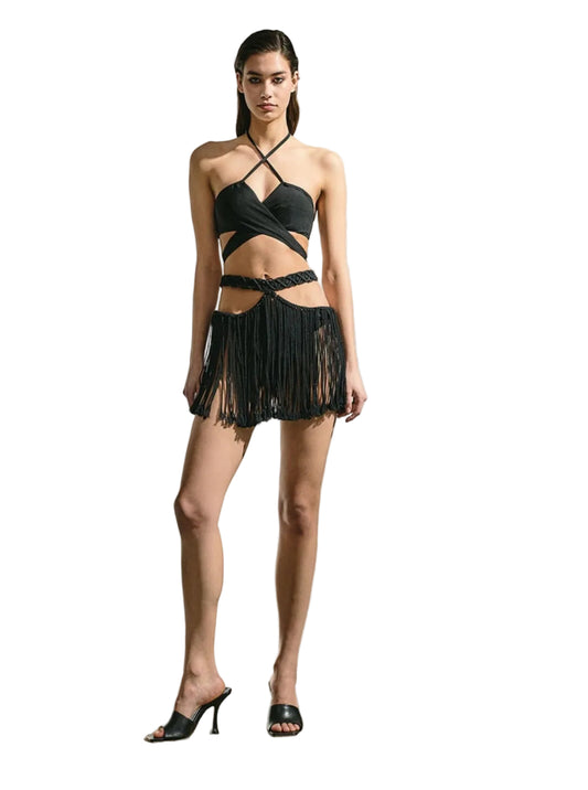 black fringe macrame skirt