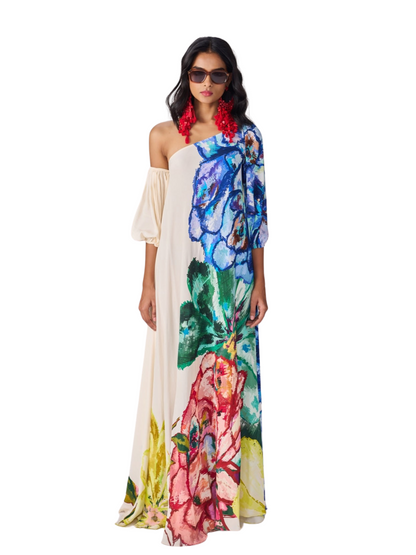  colorful floral off-shoulder dress