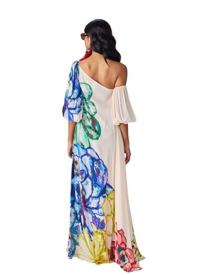  colorful floral off-shoulder dress