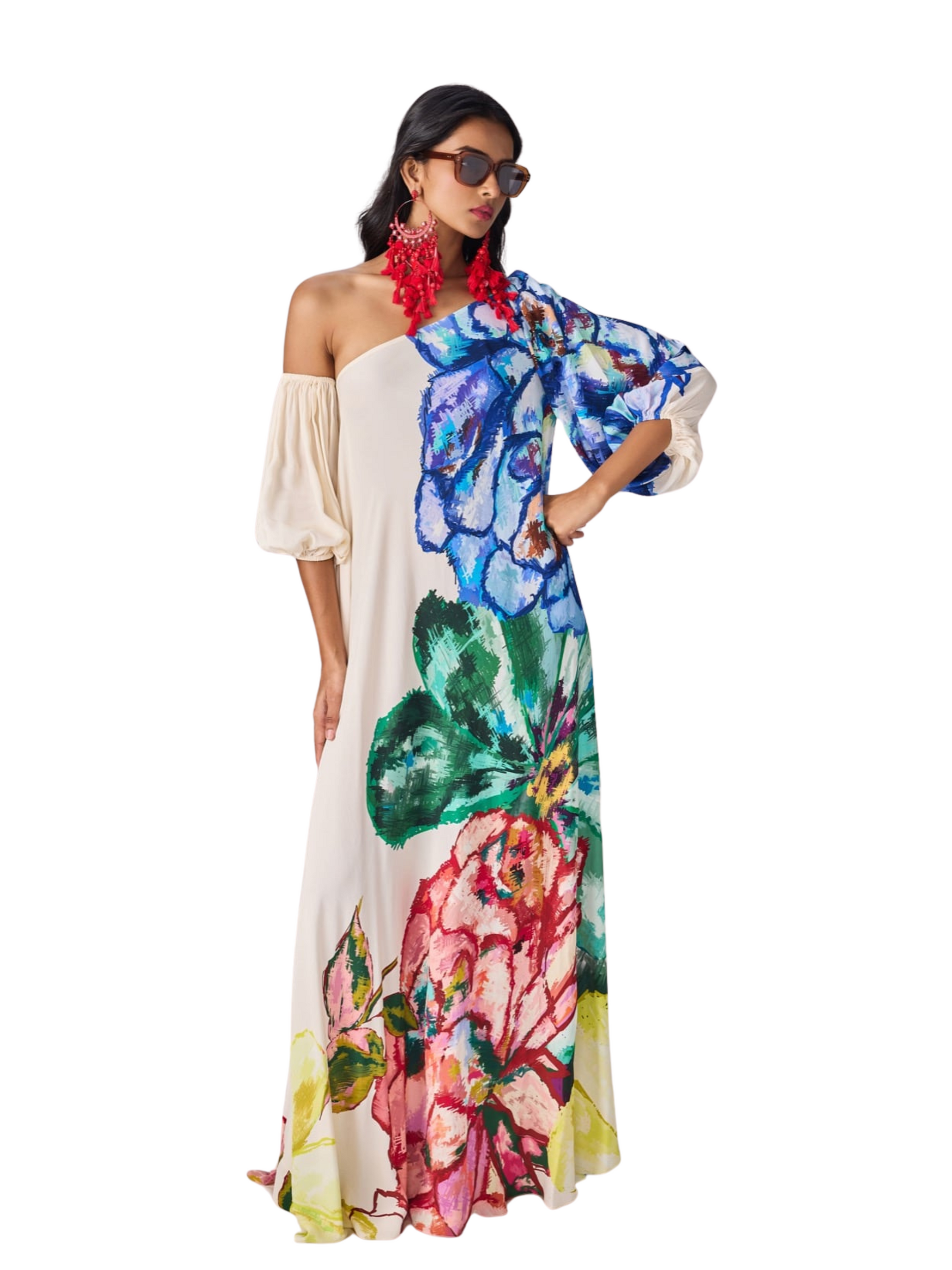  colorful floral off-shoulder dress