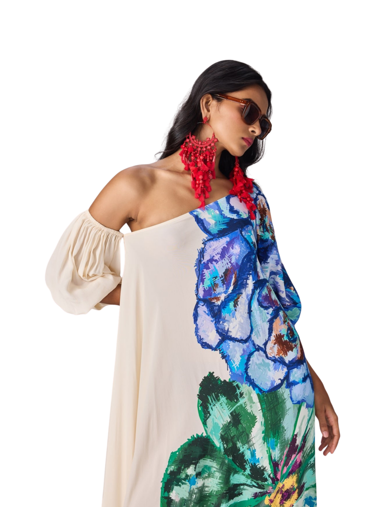  colorful floral off-shoulder dress
