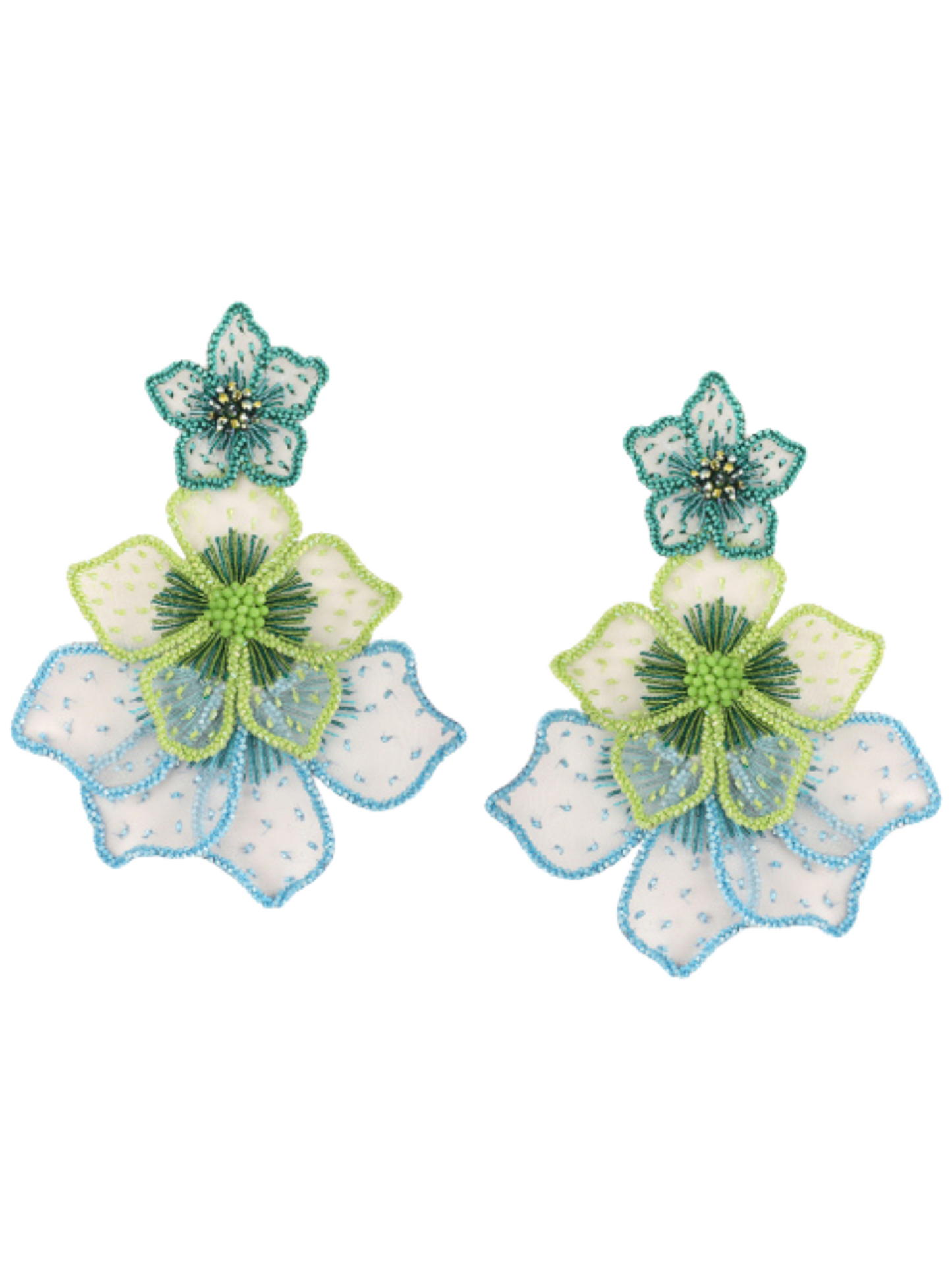earrings with silk organza embroidery, glass beads, and gold-plated posts