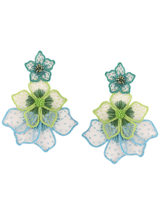 earrings with silk organza embroidery, glass beads, and gold-plated posts