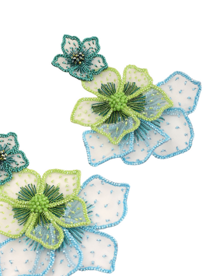 earrings with silk organza embroidery, glass beads, and gold-plated posts