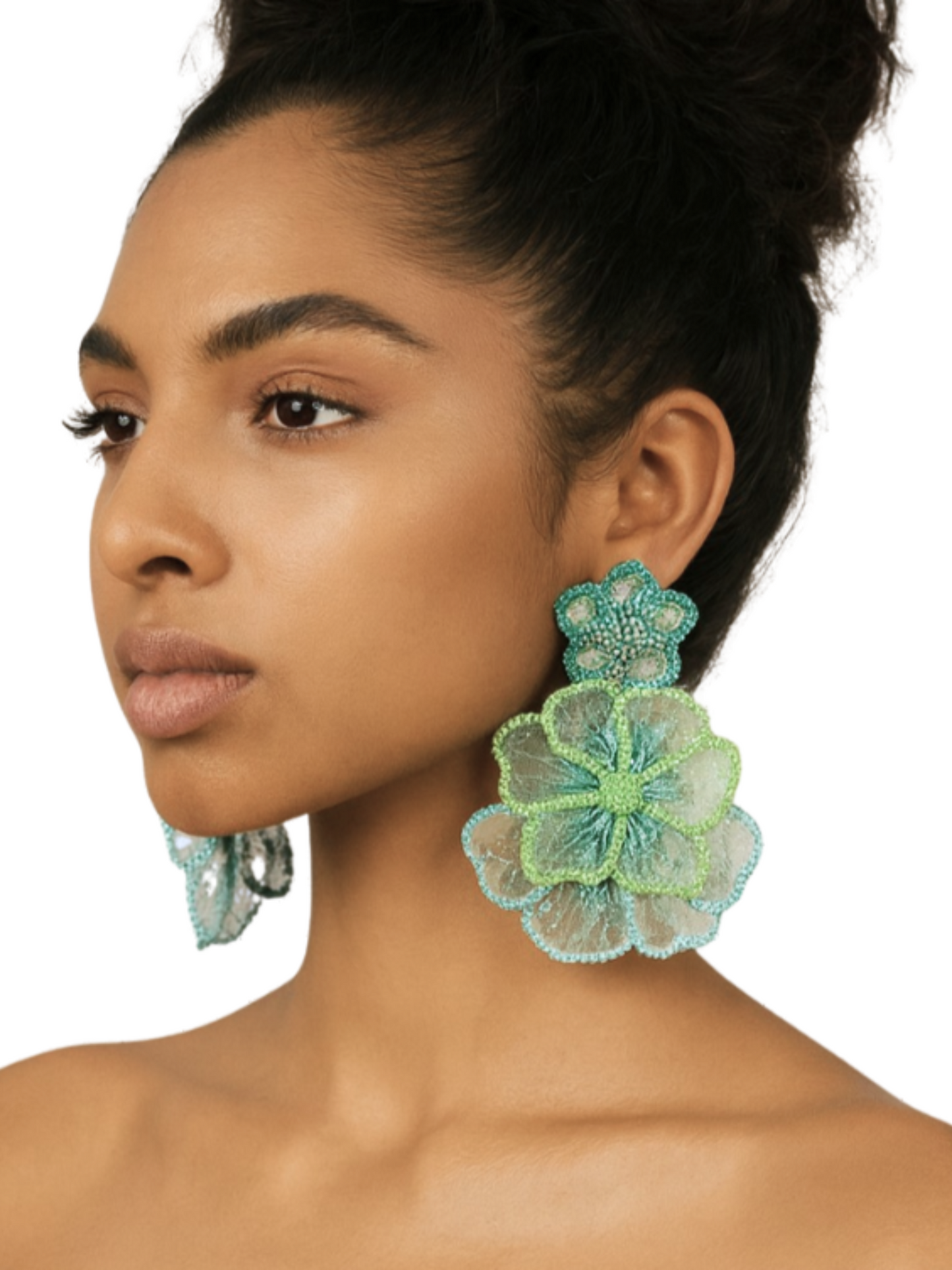 earrings with silk organza embroidery, glass beads, and gold-plated posts