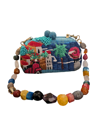 Embroidered clutch bag with colorful design
