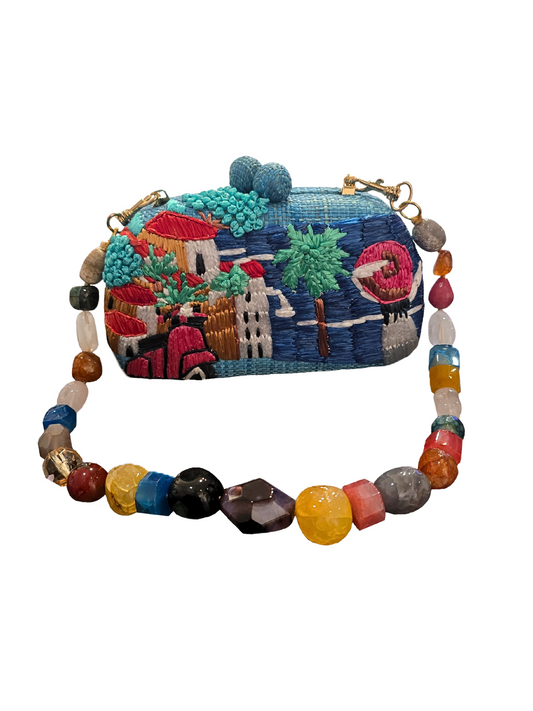 Embroidered clutch bag with colorful design