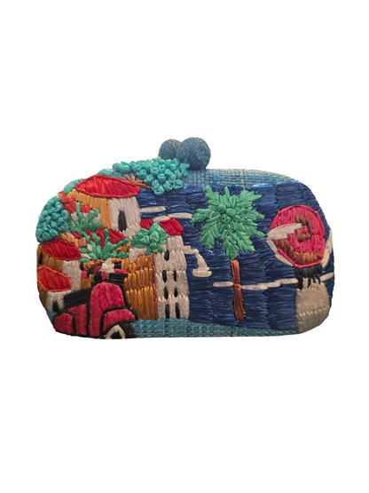 Embroidered clutch bag with colorful design