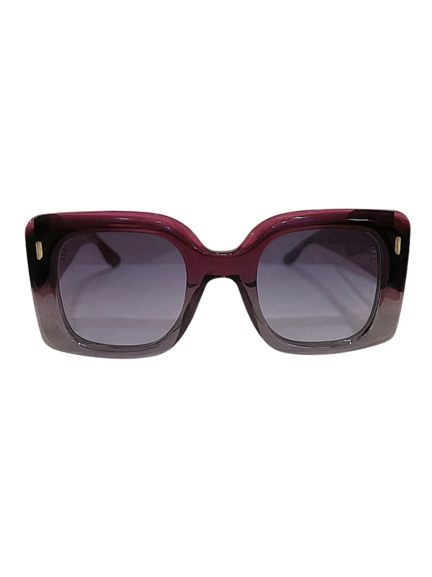Sunglasses with a dark red frame and gradient lenses