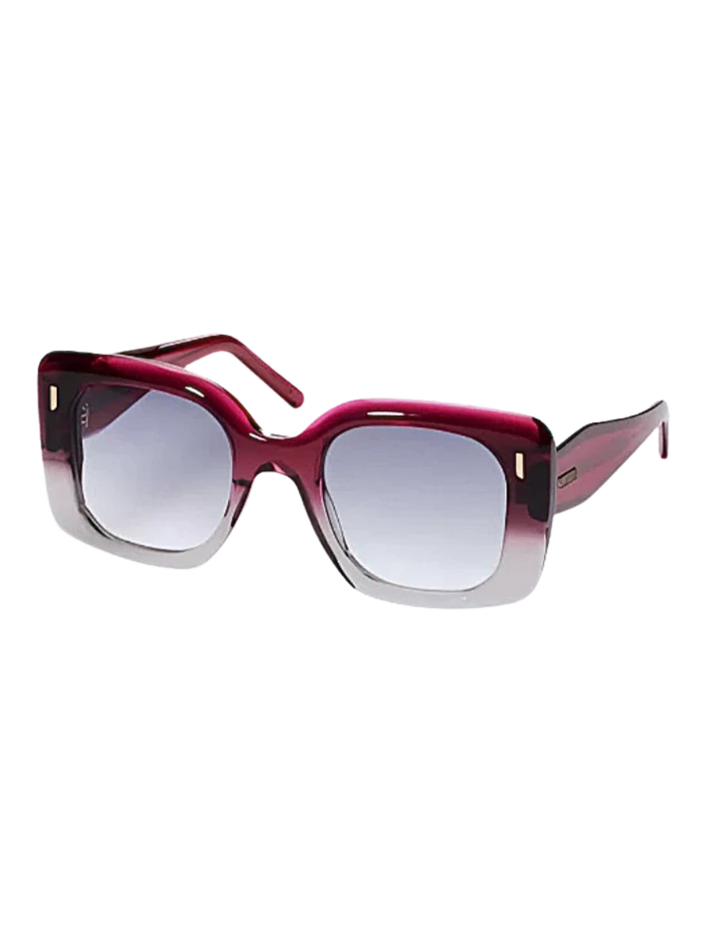 Sunglasses with a dark red frame and gradient lenses