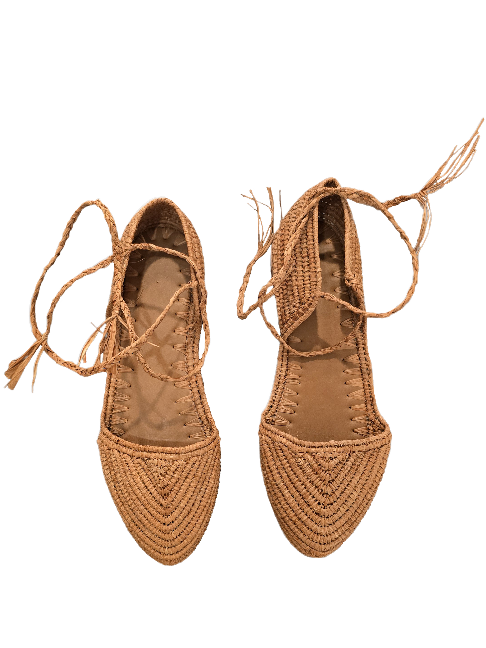 Pair of brown woven shoes with lace-up design