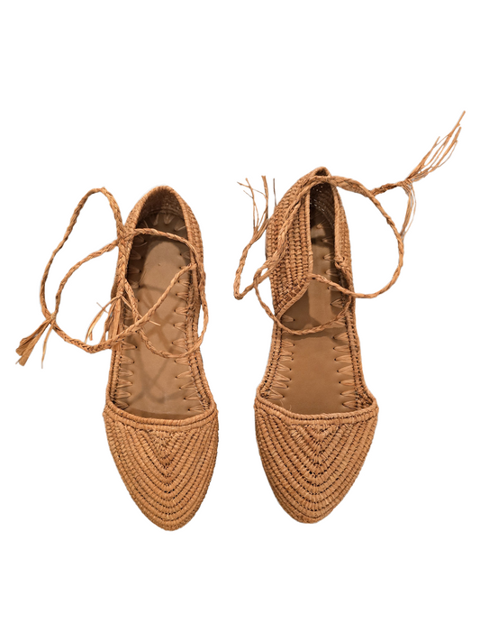 Pair of brown woven shoes with lace-up design
