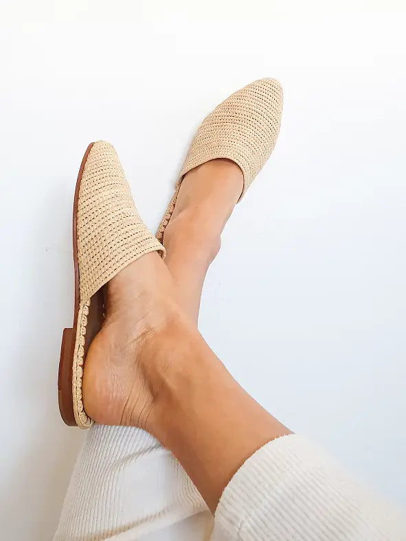 Beige woven shoes with brown soles