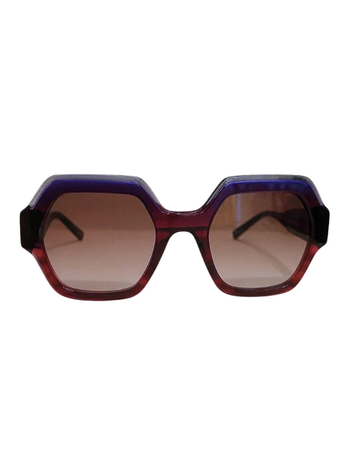 Sunglasses with a red and blue frame 