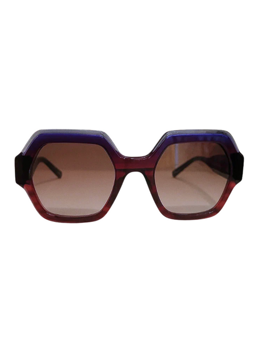 Sunglasses with a red and blue frame 