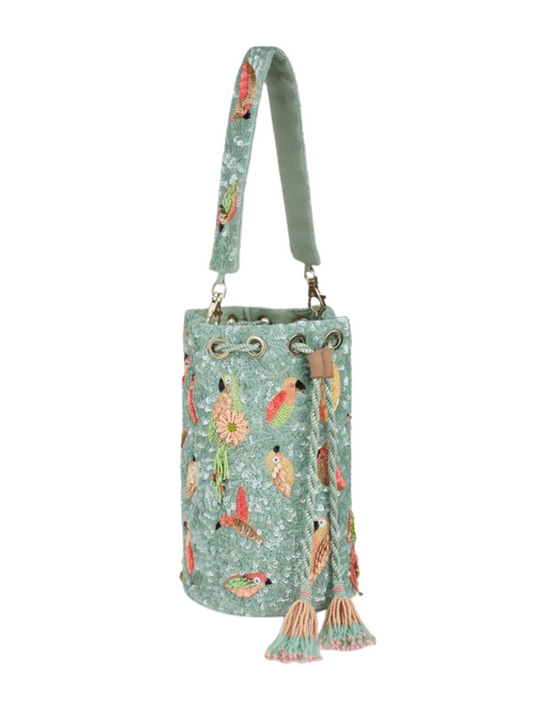 sage blue beaded bag with parrots