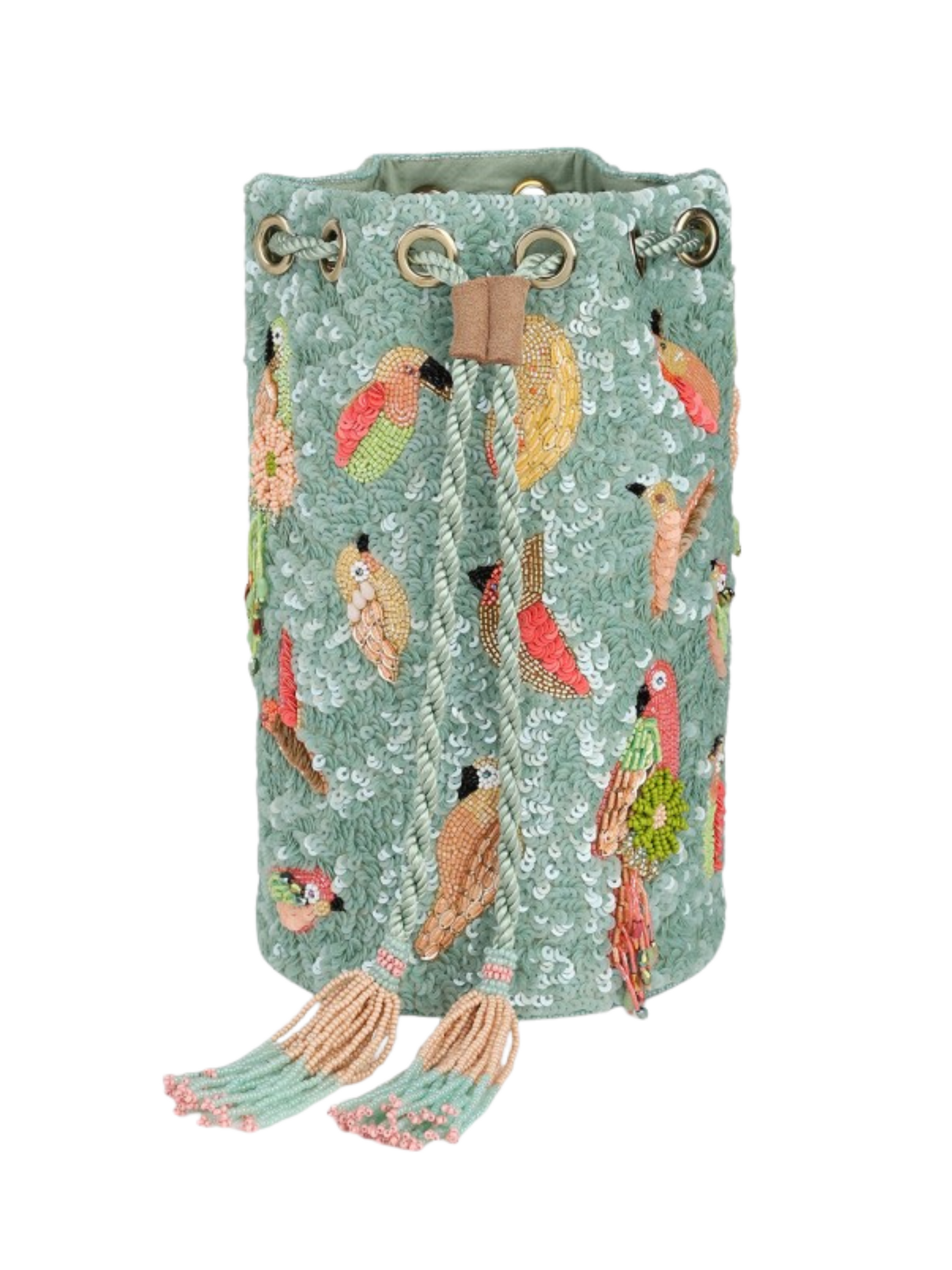 sage blue beaded bag with parrots