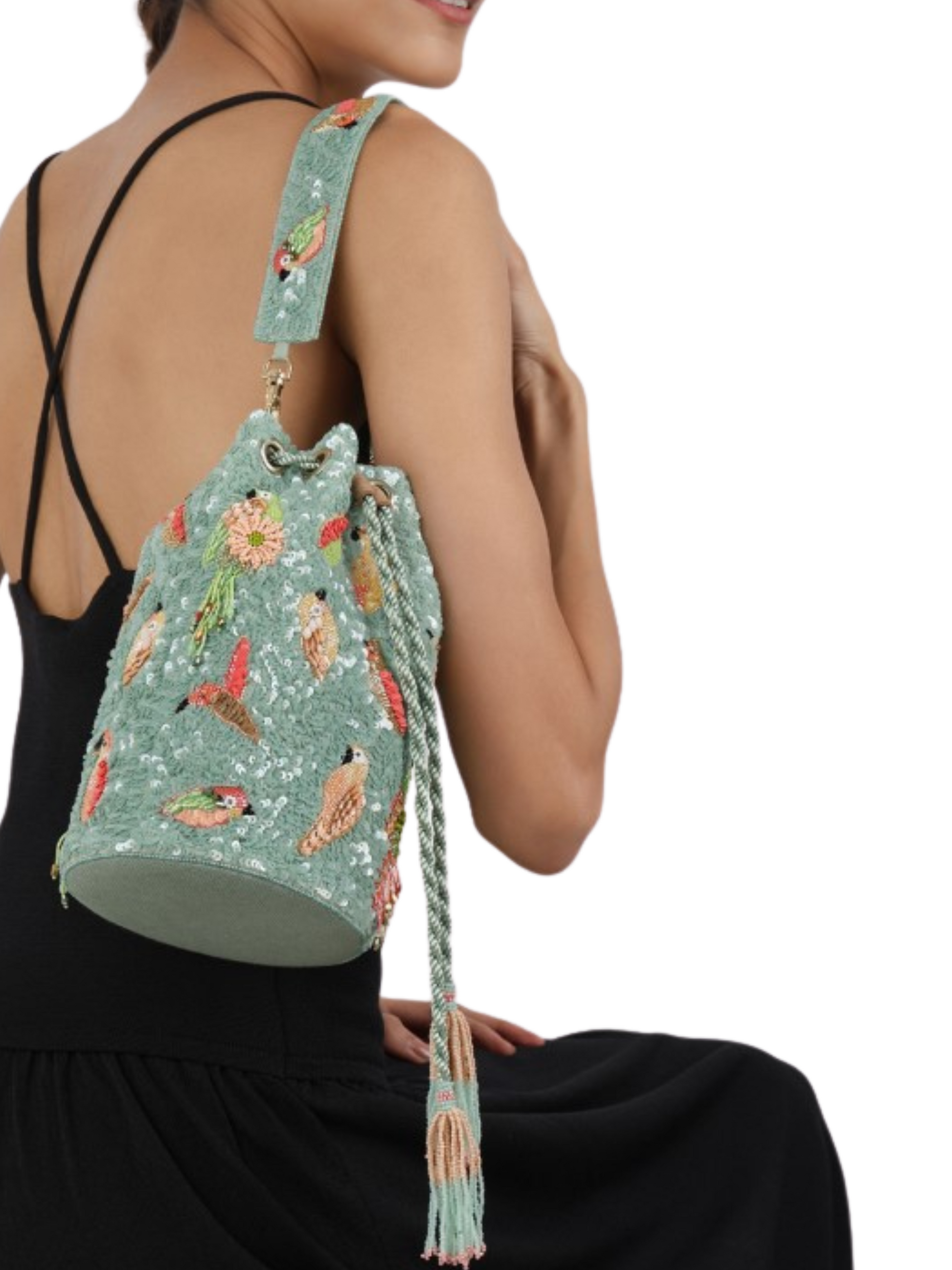 sage blue beaded bag with parrots