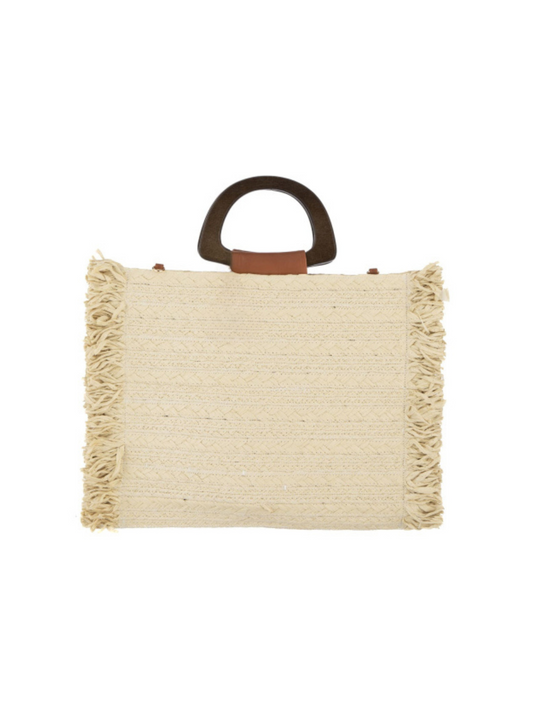Beige woven handbag with brown handle