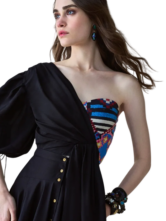 one shoulder colorful top black sleeve