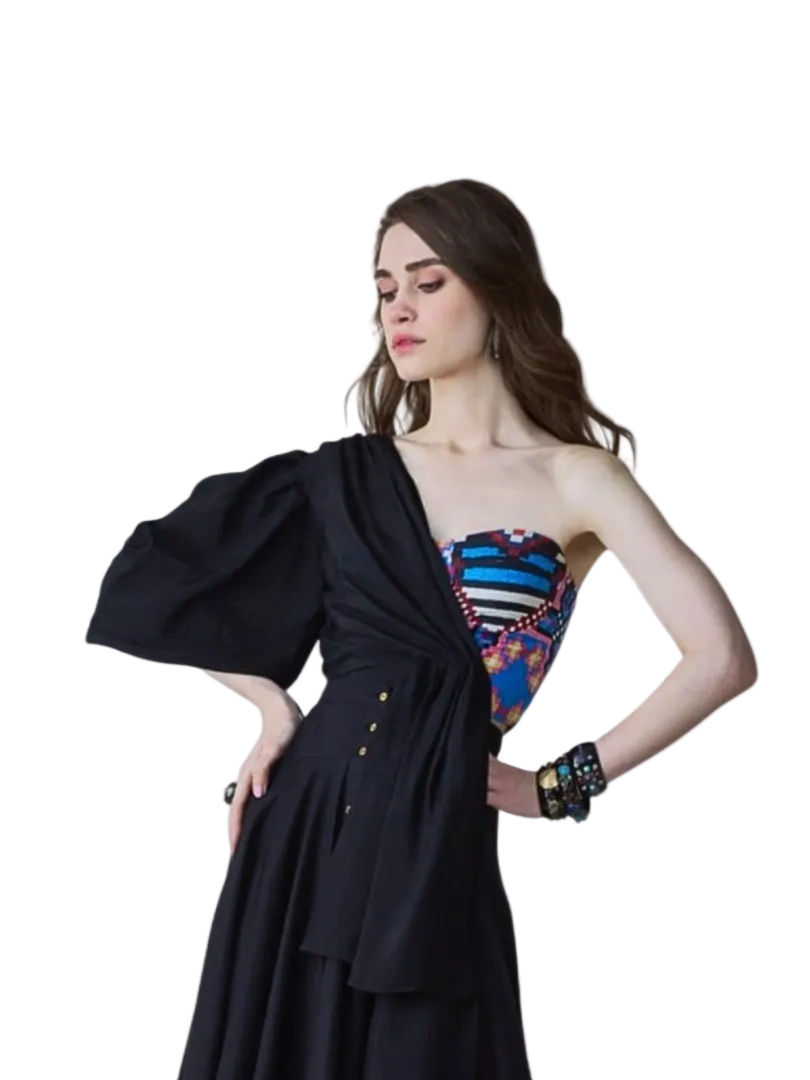 one shoulder colorful top black sleeve