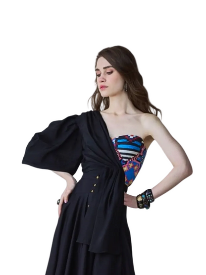 one shoulder colorful top black sleeve