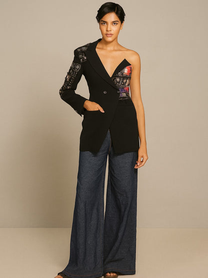 One-Shoulder Hand-Embroidered Blazer with Mirror